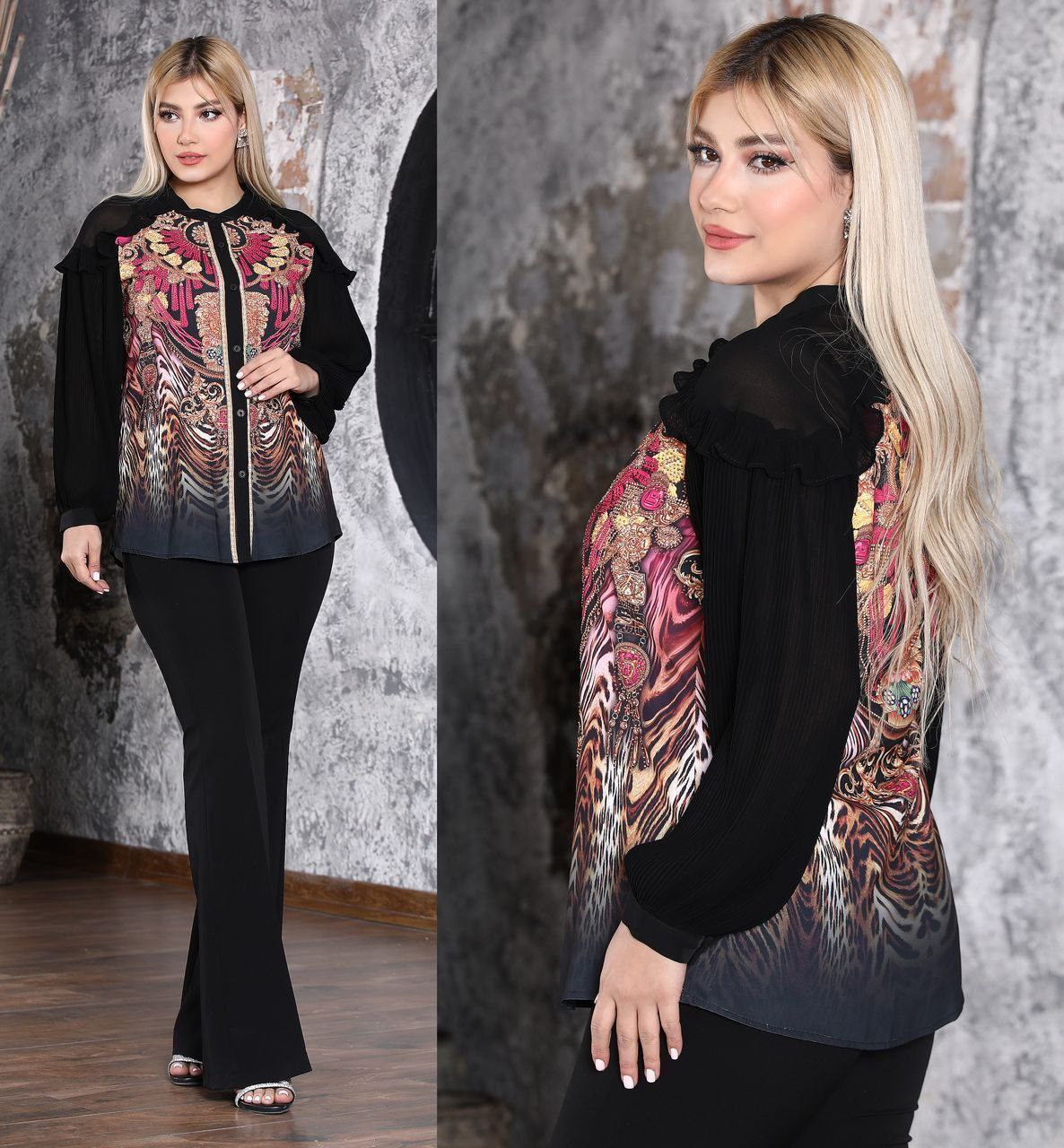 شومیز مجلسی زنانه استین تور نگین دار