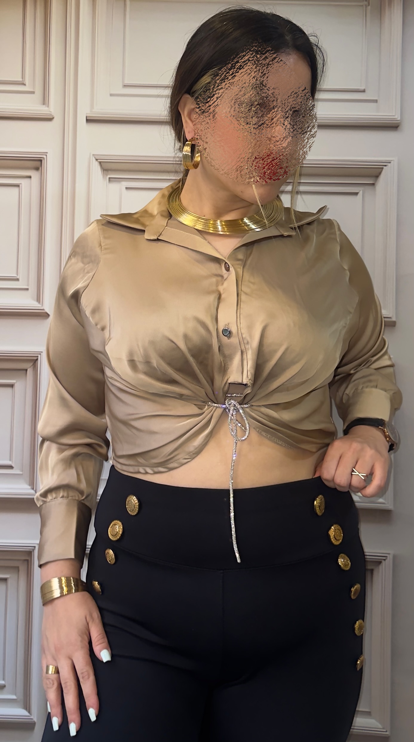 شومیز استین بلند ساتن گره دار با بند سوارسکی