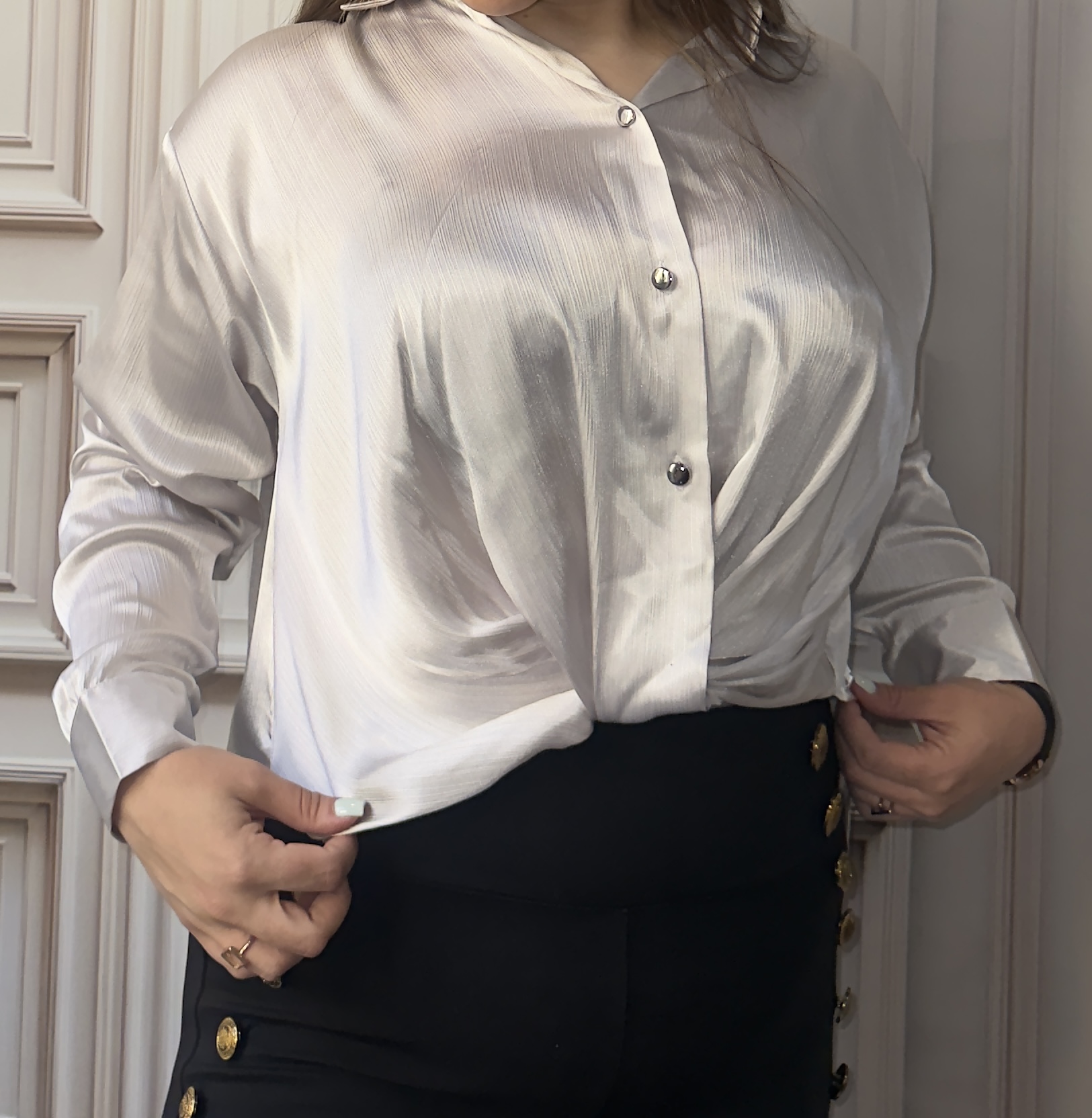 شومیز استین بلند پارچه سانتانا جلو گره