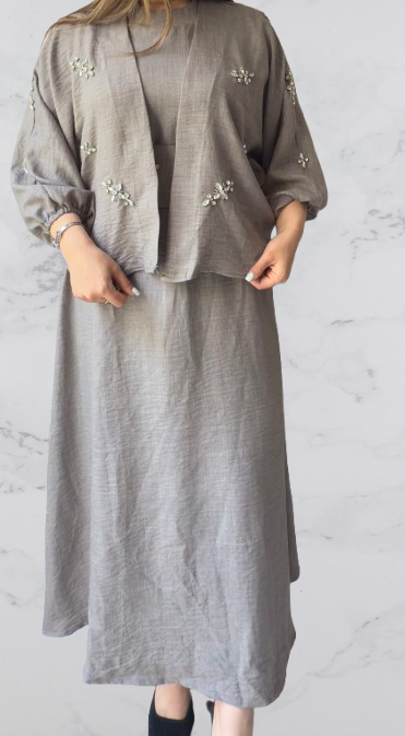 ساحلی مجلسی ابر و بادی سه تیکه با کت و کمربند نگین دار